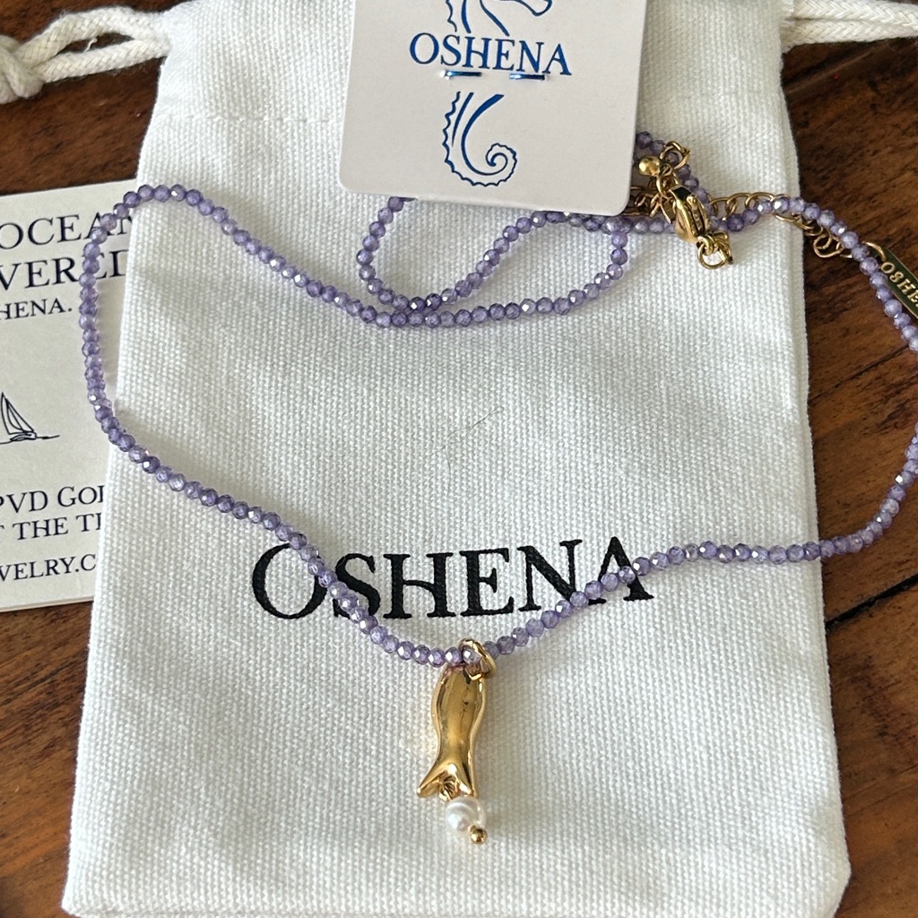 Oshena Designer Beachwear Seraphine Gold And Purple Beaded Necklace Pearl Accent